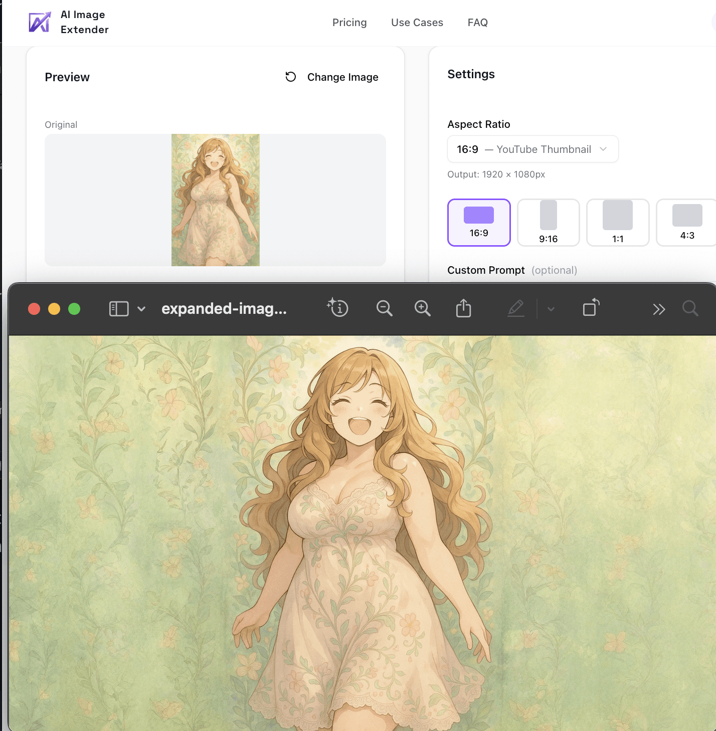 Screenshot of AI Image Extender expanding a portrait image in the web and mobile editing workflow