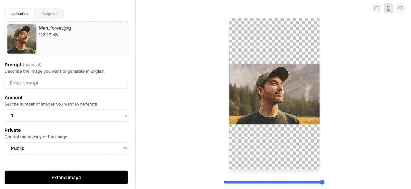 Screenshot of ExtendImage AI expanding an image in a lightweight browser interface